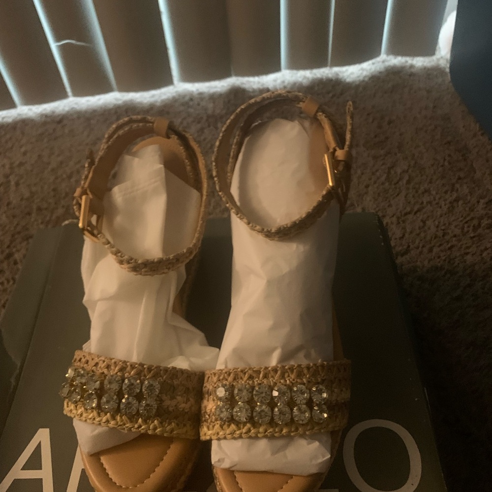 Embellished Straw Wedge Sandals in Natural Tan & Gold
